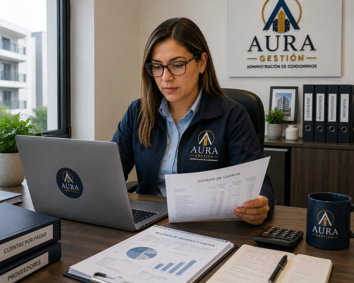 Administradora revisando reportes en una computadora